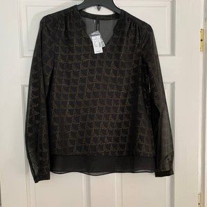 Maurices Sheer Long Sleeve Black Gold Lined Blouse Occasion Career NEW